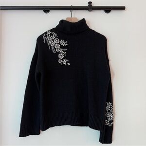 Cinq à Sept Black Floral Embroidered Turtleneck Sweater